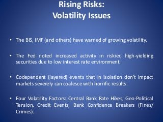 Rising Risks:
Volatility Issues
• The BIS, IMF (and others) have warned of growing volatility.
• The Fed noted increased a...