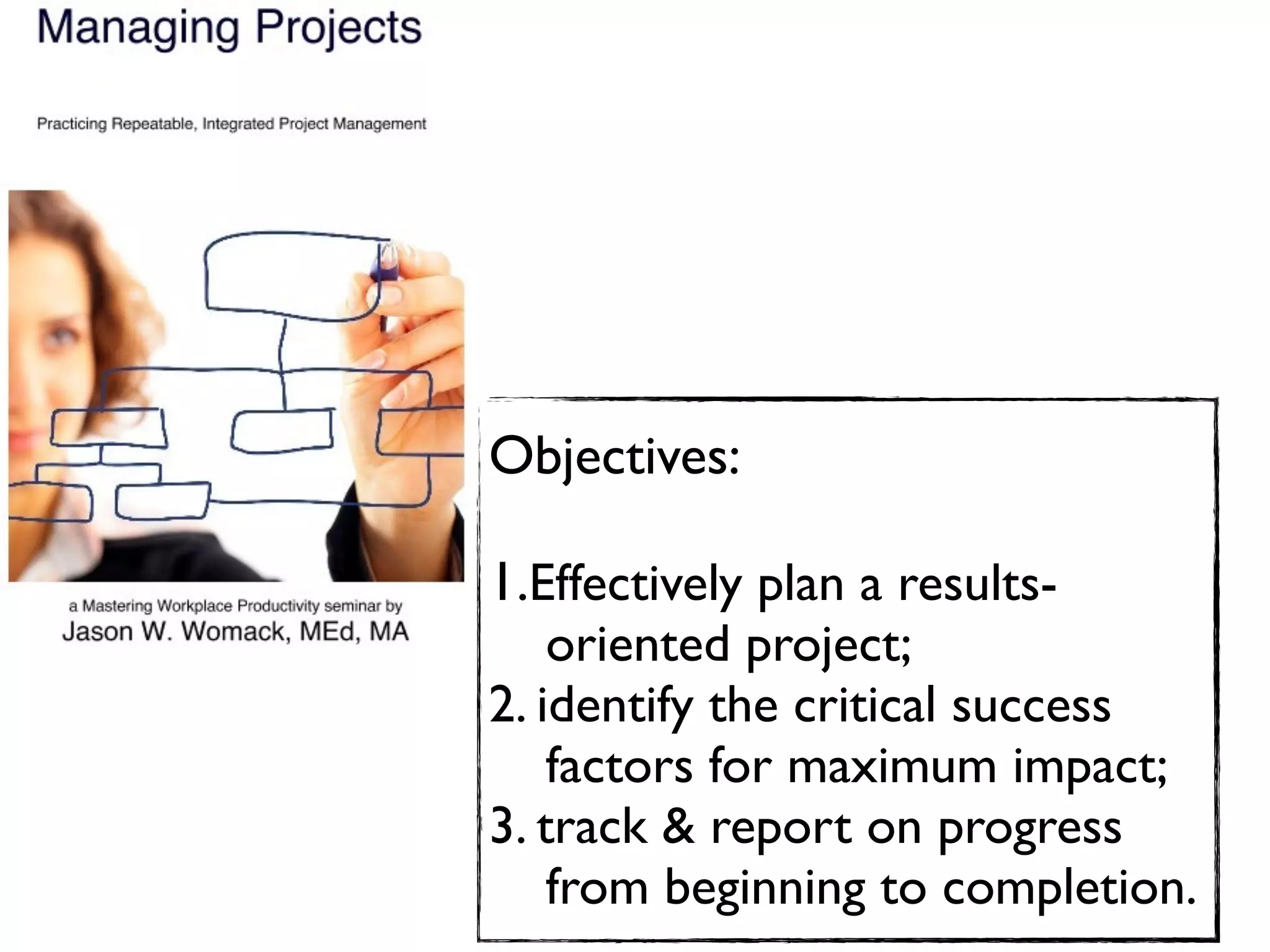 Objectives:

1.Effectively plan a results-

 oriented project;
2. identify the critical success

 factors for maximum impact;
3. track & report on progress

 from beginning to completion.
 