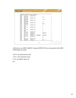 47
47
All the keys on a DB2 LOGREC formatted SDWAVRA are documented in the DB2
UDB Diagnosis Guide.
x’06’ is the abend reason code
x’CA’ is the subsystem name
x’3A’ are address space ids
Etc.
 