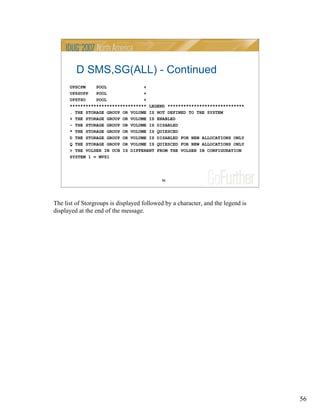 56
56
D SMS,SG(ALL) - Continued
UPSCPM POOL +
UPSSUPP POOL +
UPSTSO POOL +
***************************** LEGEND *****************************
. THE STORAGE GROUP OR VOLUME IS NOT DEFINED TO THE SYSTEM
+ THE STORAGE GROUP OR VOLUME IS ENABLED
- THE STORAGE GROUP OR VOLUME IS DISABLED
* THE STORAGE GROUP OR VOLUME IS QUIESCED
D THE STORAGE GROUP OR VOLUME IS DISABLED FOR NEW ALLOCATIONS ONLY
Q THE STORAGE GROUP OR VOLUME IS QUIESCED FOR NEW ALLOCATIONS ONLY
> THE VOLSER IN UCB IS DIFFERENT FROM THE VOLSER IN CONFIGURATION
SYSTEM 1 = MVS1
The list of Storgroups is displayed followed by a character, and the legend is
displayed at the end of the message.
 