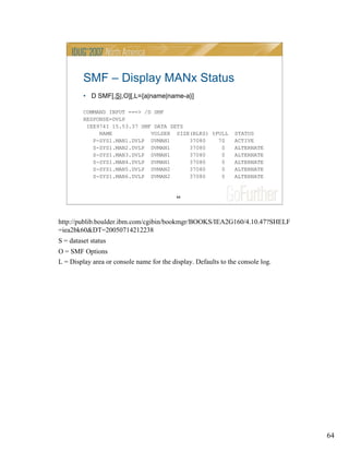 64
64
SMF – Display MANx Status
• D SMF[,S|,O][,L={a|name|name-a}]
COMMAND INPUT ===> /D SMF
RESPONSE=DVLP
IEE974I 15.53.37 SMF DATA SETS
NAME VOLSER SIZE(BLKS) %FULL STATUS
P-SYS1.MAN1.DVLP DVMAN1 37080 70 ACTIVE
S-SYS1.MAN2.DVLP DVMAN1 37080 0 ALTERNATE
S-SYS1.MAN3.DVLP DVMAN1 37080 0 ALTERNATE
S-SYS1.MAN4.DVLP DVMAN1 37080 0 ALTERNATE
S-SYS1.MAN5.DVLP DVMAN2 37080 0 ALTERNATE
S-SYS1.MAN6.DVLP DVMAN2 37080 0 ALTERNATE
http://publib.boulder.ibm.com/cgibin/bookmgr/BOOKS/IEA2G160/4.10.47?SHELF
=iea2bk60&DT=20050714212238
S = dataset status
O = SMF Options
L = Display area or console name for the display. Defaults to the console log.
 