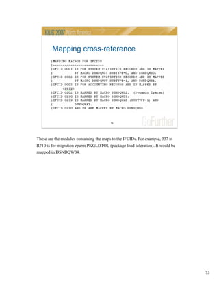 73
73
Mapping cross-reference
These are the modules containing the maps to the IFCIDs. For example, 337 in
R710 is for migration zparm PKGLDTOL (package load toleration). It would be
mapped in DSNDQW04.
 