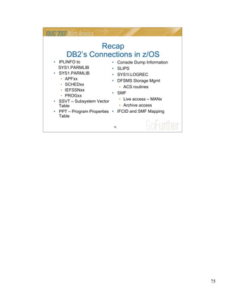 75
75
Recap
DB2’s Connections in z/OS
• IPLINFO to
SYS1.PARMLIB
• SYS1.PARMLIB
• APFxx
• SCHEDxx
• IEFSSNxx
• PROGxx
• SSVT – Subsystem Vector
Table
• PPT – Program Properties
Table
• Console Dump Information
• SLIPS
• SYS1l.LOGREC
• DFSMS Storage Mgmt
• ACS routines
• SMF
• Live access – MANx
• Archive access
• IFCID and SMF Mapping
 