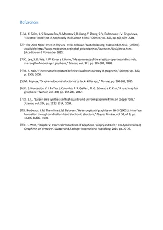 References
[1] A. K.Geim,K.S. Novoselov,V.MorozovS,D.Jiang,Y. Zhang,S. V.Dubonose I.V. Grigorieva,
“ElectricFieldEffectinAtomicallyThinCarbonFilms,” Science, vol.306, pp.666-669, 2004.
[2] “The 2010 Nobel Prize inPhysics - PressRelease,”Nobelprize.org,7November2010. [Online].
Available:http://www.nobelprize.org/nobel_prizes/physics/laureates/2010/press.html.
[Acedidoem7November2015].
[3] C. Lee,X.D. Wie,J. W. Kysare J. Hone,“Measurmentsof the elasticpropertiesandintrinsic
sterengthof monolayergraphene,” Science, vol.321, pp.385-388, 2008.
[4] R. R. Nair,“Fine structure constantdefinesvisual transparencyof graphene,” Science, vol.320,
p. 1308, 2008.
[5] M. Peplow,“Grapheneboomsinfactoriesbylackskillerapp,” Nature, pp.268-269, 2015.
[6] K. S.Novoselov,V.I.Fal'ko,L.Colombo,P.R.Gellert,M.G. Schwabe K. Kim, “A road mapfor
graphene,”Nature, vol.490,pp. 192-200, 2012.
[7] X. S.Li, “Larger-areasynthesisof highqualityanduniformgraphene filmsoncopperfoils,”
Science, vol.324, pp.1312-1314, 2009.
[8] I. Forbeaux,J.M. Themline J.M. Debever,“Heteroepitaxial graphiteon6H-SiC(0001):interface
formationthroughconduction-bandelectronicstructure,”PhysicsReview, vol.58,nº B, pp.
16396-16406, 1998.
[9] E. L. Wolf,“Chapter2; Practical Productionsof Graphene,SupplyandCost,”em Applicationsof
Graphene,an overview,Switzerland,SpringerInternational Publishing,2014, pp.20-26.
 