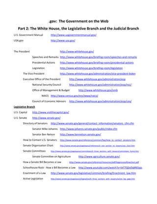 .gov: The Government on the Web
   Part 2: The White House, the Legislative Branch and the Judicial Branch
U.S. Government Manual           http://www.usgovernmentmanual.gov/
USA.gov                          http://www.usa.gov/


The President                              http://www.whitehouse.gov/
                Speeches and Remarks http://www.whitehouse.gov/briefing-room/speeches-and-remarks
                Presidential Actions       http://www.whitehouse.gov/briefing-room/presidential-actions
                Legislation                http://www.whitehouse.gov/briefing-room/legislation
        The Vice President                 http://www.whitehouse.gov/administration/vice-president-biden
        Executive Office of the President            http://www.whitehouse.gov/administration/eop
                National Security Council            http://www.whitehouse.gov/administration/eop/nsc/
                Office of Management & Budget                  http://www.whitehouse.gov/omb
                        NAICS http://www.census.gov/eos/www/naics/
                Council of Economic Advisors         http://www.whitehouse.gov/administration/eop/cea/
Legislative Branch
U.S. Capitol    http://www.visitthecapitol.gov/
U.S. Senate     http://www.senate.gov/
        Directory of Senators    http://www.senate.gov/general/contact_information/senators_cfm.cfm
                Senator Mike Johanns http://www.johanns.senate.gov/public/index.cfm
                Senator Ben Nelson         http://www.bennelson.senate.gov/
        How to Contact U.S. Senators       http://www.senate.gov/reference/common/faq/How_to_contact_senators.htm

        Senate Organization Chart          http://www.senate.gov/pagelayout/reference/e_one_section_no_teasers/org_chart.htm

        Senate Committees        http://www.senate.gov/pagelayout/committees/d_three_sections_with_teasers/committees_home.htm

                Senate Committee on Agriculture                http://www.agriculture.senate.gov/
        How a Senate Bill Becomes a Law              http://www.senate.gov/reference/resources/pdf/legprocessflowchart.pdf

        Schoolhouse Rock - How a Bill Becomes a Law            http://www.youtube.com/watch?v=VxT7QjlvDqM65pp.
        Enactment of a Law       http://www.senate.gov/legislative/common/briefing/Enactment_law.htm
        Active Legislation       http://www.senate.gov/pagelayout/legislative/b_three_sections_with_teasers/active_leg_page.htm
 