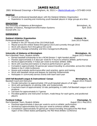 JAMES NAILE
2001 Wildwood Crossings  Birmingham, AL 35211  JNaile1@uab.edu  573-683-1416
PROFILE
 Current professional baseball player with the Oakland Athletics Organization
 Experience in coaching and mentoring youth baseball players in large groups at a time
EDUCATION
The University of Alabama at Birmingham Birmingham, AL
Bachelor of Science, Management Information Systems April 2016
Overall GPA: 3.2
EXPERIENCE
Oakland Athletics Organization Oakland, CA
Professional Baseball Club June 2015-Present
 Drafted in the 20th
Round of the 2015 MLB Draft
 Played across the United States throughout 2015 and currently through 2016
 Work with players from throughout the world
 Learned to manage scheduling and time management efficiently
University of Alabama at Birmingham Birmingham, AL
Men’s Baseball Team, Student-Athlete August 2012-Present
 Earned baseball scholarship to be a NCAA Division I right-handed pitcher
 Practice approximately 5-6 days per week for 4 hours to enhance athletic performance
 Workout approximately 3-4 days per week to increase athletic ability
 Work with coaches and trainers to improve performance in games
 Compete in approximately 56 games per season traveling to universities across the United
States in the C-USA Conference
 Assess and evaluate performance after each practice, game and training
 Work with baseball camps and leagues by teaching fundamentals
 Participate in community service events with team each year
UAB Fall Baseball League & Instructional Camps Birmingham, AL
Baseball Coach and Instructor August 2012-Present
 Provide instruction to approximately 150 youth baseball players of all ages
 Work with participants on pitching drills and fundamentals
 Coached a team of approximately 16 kids participating in UAB’s Fall Baseball League on all
positions
 Led team for approximately 6-7 games
 Provided guidance and instruction to team, made lineup for each game, and positioned
players
Parkland College Champaign, IL
Men’s Baseball Team, Student-Athlete August 2011-May2012
 Practiced approximately 6 days per week to work on athletic performance
 Worked out approximately four days per week to enhance athletic ability
 Competed in approximately 50 games per season traveling throughout the Mid-West
region of the United States participating the Mid-West Athletic Conference
 
