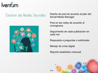 Diseño de post de acuerdo al plan del
Social Media Manager
Post en las redes de acuerdo al
cronograma
Seguimiento de cada publicación en
cada red
Respuesta a preguntas o solicitudes
Manejo de crisis digital
Reporte estadístico mensual
atrás
 