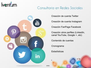 Creación de cuenta Twitter
Creación de cuenta Instagram
Creación FanPage Facebook
Creación otros perfiles (LinkedIn,
canal YouTube, Google +, etc)
Contenido de cuentas
Cronograma
Estadísticas
atrás
 