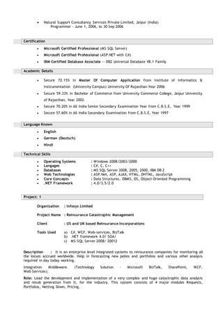  Natural Support Consultancy Services Private Limited, Jaipur (India)
Programmer - June 1, 2006, to 30 Sep 2006
Certification
 Microsoft Certified Professional (MS SQL Server)
 Microsoft Certified Professional (ASP.NET with C#)
 IBM Certified Database Associate -- DB2 Universal Database V8.1 Family
Academic Details
 Secure 72.15% in Master Of Computer Application from Institute of Informatics &
Instrumentation (University Campus) University Of Rajasthan Year 2006
 Secure 59.33% in Bachelor of Commerce from University Commerce College, Jaipur University
of Rajasthan, Year 2002.
 Secure 70.20% in All India Senior Secondary Examination Year from C.B.S.E, Year 1999
 Secure 57.60% in All India Secondary Examination from C.B.S.E, Year 1997
Language Known
 English
 German (Deutsch)
 Hindi
Technical Skills
 Operating Systems : Windows 2008/2003/2000
 Langages : C#, C, C++
 Databases : MS SQL Server 2008, 2005, 2000, IBM DB 2
 Web Technologies : ASP.Net, ASP, AJAX, HTML, DHTML, JavaScript
 Core Concepts : Data Structures, DBMS, OS, Object Oriented Programming
 .NET Framework : 4.0/3.5/2.0
Project: 1
Organization : Infosys Limited
Project Name : Reinsurance Catastrophic Management
Client : US and UK based Reinsurance Incorporations
Tools Used a) C#, WCF, Web-services, BizTalk
b) .NET framework 4.0/ SOA/
c) MS-SQL Server 2008/ 20012
Description : It is an enterprise level integrated systems to reinsurance companies for monitoring all
the losses accrued worldwide. Help in forecasting new polies and portfolios and various other analysis
required in day today working.
Integration Middleware. (Technology Solution – Microsoft BizTalk, SharePoint, WCF,
Web Services).
Role: Lead the development and implementation of a very complex and huge catastrophic data analysis
and result generation from it, for the industry. This system consists of 4 major modules Requests,
Portfolios, Netting Down, Pricing.
 