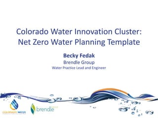 Colorado Water Innovation Cluster:
Net Zero Water Planning Template
Becky Fedak
Brendle Group
Water Practice Lead and Engineer

 