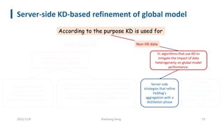 Server-side KD-based refinement of global model
2022/12/8 Xiachong Feng 19
FL algorithms that use KD to
enable model heterogeneity
FL algorithms that use KD to
mitigate the impact of data
heterogeneity on global model
performance.
According to the purpose KD is used for
Solutions that leverage
server-side ensemble
distillation on top of
FedAvg’s aggregation phase.
Communication-efficient strategies that enable
model heterogeneity via exchanging locally-
computed statistics, model outputs and/or
model-agnostic intermediate features instead of
model parameters.
Server-side
strategies that refine
FedAvg’s
aggregation with a
distillation phase
Client-side
techniques that
locally distill global
knowledge to
directly tackle client
drift
Model-agnostic FL Non-IID data
 