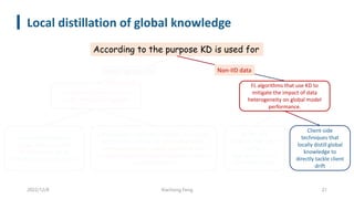 Local distillation of global knowledge
2022/12/8 Xiachong Feng 21
FL algorithms that use KD to
enable model heterogeneity
FL algorithms that use KD to
mitigate the impact of data
heterogeneity on global model
performance.
According to the purpose KD is used for
Solutions that leverage
server-side ensemble
distillation on top of
FedAvg’s aggregation phase.
Communication-efficient strategies that enable
model heterogeneity via exchanging locally-
computed statistics, model outputs and/or
model-agnostic intermediate features instead of
model parameters.
Server-side
strategies that refine
FedAvg’s
aggregation with a
distillation phase
Client-side
techniques that
locally distill global
knowledge to
directly tackle client
drift
Model-agnostic FL Non-IID data
 