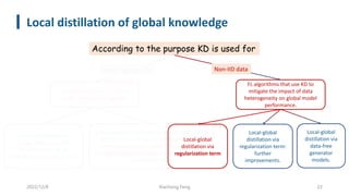 Local distillation of global knowledge
2022/12/8 Xiachong Feng 22
FL algorithms that use KD to
enable model heterogeneity
FL algorithms that use KD to
mitigate the impact of data
heterogeneity on global model
performance.
According to the purpose KD is used for
Solutions that leverage
server-side ensemble
distillation on top of
FedAvg’s aggregation phase.
Communication-efficient strategies that enable
model heterogeneity via exchanging locally-
computed statistics, model outputs and/or
model-agnostic intermediate features instead of
model parameters.
Local-global
distillation via
data-free
generator
models.
Model-agnostic FL Non-IID data
Local-global
distillation via
regularization term
Local-global
distillation via
regularization term:
further
improvements.
 