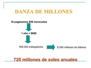 DANZA DE MILLONES Si pagásemos $50 mensuales 1 año = $600 400.000 trabajadores $ 240 millones de dólares 720 millones de soles anuales 