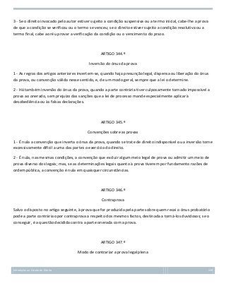 3 - Se o direito invocado pelo autor estiver sujeito a condição suspensiva ou a termo inicial, cabe-lhe a prova
de que a condição se verificou ou o termo se venceu; se o direito estiver sujeito a condição resolutiva ou a
termo final, cabe ao réu provar a verificação da condição ou o vencimento do prazo.

ARTIGO 344.º
Inversão do ónus da prova
1 - As regras dos artigos anteriores invertem-se, quando haja presunção legal, dispensa ou liberação do ónus
da prova, ou convenção válida nesse sentido, e, de um modo geral, sempre que a lei o determine.
2 - Há também inversão do ónus da prova, quando a parte contrária tiver culposamente tornado impossível a
prova ao onerado, sem prejuízo das sanções que a lei de processo mande especialmente aplicar à
desobediência ou às falsas declarações.

ARTIGO 345.º
Convenções sobre as provas
1 - É nula a convenção que inverta o ónus da prova, quando se trate de direito indisponível ou a inversão torne
excessivamente difícil a uma das partes o exercício do direito.
2 - É nula, nas mesmas condições, a convenção que excluir algum meio legal de prova ou admitir um meio de
prova diverso dos legais; mas, se as determinações legais quanto à prova tiverem por fundamento razões de
ordem pública, a convenção é nula em quaisquer circunstâncias.

ARTIGO 346.º
Contraprova
Salvo o disposto no artigo seguinte, à prova que for produzida pela parte sobre quem recai o ónus probatório
pode a parte contrária opor contraprova a respeito dos mesmos factos, destinada a torná-los duvidosos; se o
conseguir, é a questão decidida contra a parte onerada com a prova.

ARTIGO 347.º
Modo de contrariar a prova legal plena

Introdução ao Estudo do Direito

139

 