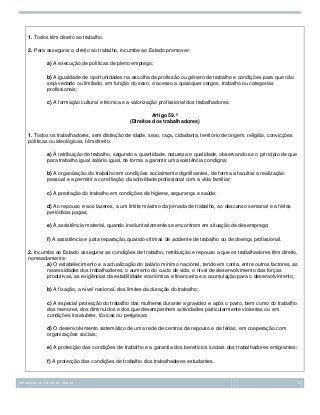 1. Todos têm direito ao trabalho.
2. Para assegurar o direito ao trabalho, incumbe ao Estado promover:
a) A execução de políticas de pleno emprego;
b) A igualdade de oportunidades na escolha da profissão ou género de trabalho e condições para que não
seja vedado ou limitado, em função do sexo, o acesso a quaisquer cargos, trabalho ou categorias
profissionais;
c) A formação cultural e técnica e a valorização profissional dos trabalhadores.
Artigo 59.º
(Direitos dos trabalhadores)
1. Todos os trabalhadores, sem distinção de idade, sexo, raça, cidadania, território de origem, religião, convicções
políticas ou ideológicas, têm direito:
a) À retribuição do trabalho, segundo a quantidade, natureza e qualidade, observando-se o princípio de que
para trabalho igual salário igual, de forma a garantir uma existência condigna;
b) A organização do trabalho em condições socialmente dignificantes, de forma a facultar a realização
pessoal e a permitir a conciliação da actividade profissional com a vida familiar;
c) A prestação do trabalho em condições de higiene, segurança e saúde;
d) Ao repouso e aos lazeres, a um limite máximo da jornada de trabalho, ao descanso semanal e a férias
periódicas pagas;
e) À assistência material, quando involuntariamente se encontrem em situação de desemprego;
f) A assistência e justa reparação, quando vítimas de acidente de trabalho ou de doença profissional.
2. Incumbe ao Estado assegurar as condições de trabalho, retribuição e repouso a que os trabalhadores têm direito,
nomeadamente:
a) O estabelecimento e a actualização do salário mínimo nacional, tendo em conta, entre outros factores, as
necessidades dos trabalhadores, o aumento do custo de vida, o nível de desenvolvimento das forças
produtivas, as exigências da estabilidade económica e financeira e a acumulação para o desenvolvimento;
b) A fixação, a nível nacional, dos limites da duração do trabalho;
c) A especial protecção do trabalho das mulheres durante a gravidez e após o parto, bem como do trabalho
dos menores, dos diminuídos e dos que desempenhem actividades particularmente violentas ou em
condições insalubres, tóxicas ou perigosas;
d) O desenvolvimento sistemático de uma rede de centros de repouso e de férias, em cooperação com
organizações sociais;
e) A protecção das condições de trabalho e a garantia dos benefícios sociais dos trabalhadores emigrantes;
f) A protecção das condições de trabalho dos trabalhadores estudantes.

Introdução ao Estudo do Direito

23

 