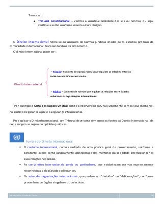 Temos o :
Tribunal Constitucional – Verifica a constitucionalidade das leis ou normas, ou seja,
verifica se estão conforme manda a Constituição.

O Direito Internacional refere-se ao conjunto de normas jurídicas criadas pelos sistemas próprios da
comunidade internacional, transcendendo o Direito Interno.
O direito Internacional pode ser :

Privado– Conjunto de regras/normas que regulam as relações entre os
indivíduos de diferentes Estados.

Direito Internacional
Público – Conjunto de normas que regulam as relações entre Estados
soberanos ou organizações internacionais.

Por exemplo a Carta das Nações Unidaspermite a intervenção da ONU juntamente com os seus membros,
no sentido de garantir a paz e a segurança internacional.
Para aplicar o Direito Internacional, um Tribunal deve toma rem conta as fontes do Direito Internacional, de
onde surgem as regras ou opiniões jurídicas.

Fontes do Direito Internacional


O costume internacional, como resultado de uma prática geral de procedimento, uniforme e
constante, aceite como juridicamente obrigatório pelos membros da sociedade internacional nas
suas relações recíprocas.



As convenções internacionais gerais ou particulares, que estabeleçam normas expressamente
reconhecidas pelos Estados celebrantes.



Os actos das organizações internacionais, que podem ser “decisões” ou “deliberações”, conforme
provenham de órgãos singulares ou colectivos.

Introdução ao Estudo do Direito

38

 