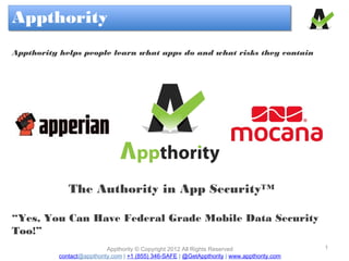 Appthority
Appthority
Appthority helps people learn what apps do and what risks they contain




             The Authority in App Security™

“Yes, You Can Have Federal Grade Mobile Data Security
Too!”
                           Appthority © Copyright 2012 All Rights Reserved                   1
          contact@appthority.com | +1 (855) 346-SAFE | @GetAppthority | www.appthority.com
 