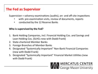 The	
  Fed	
  as	
  Supervisor	
  
  Supervision	
  =	
  solvency	
  examina6ons	
  (audits),	
  on-­‐	
  and	
  oﬀ-­‐site	
  inspec6ons	
  	
  
      •  	
            with:	
  pre-­‐examina6on	
  visits,	
  review	
  of	
  documents,	
  reports	
  	
  	
  
      • 	
  	
  	
   	
  conducted	
  by	
  the	
  12	
  Reserve	
  Banks

  Who	
  is	
  supervised	
  by	
  the	
  Fed?	
  
  	
  
  1.  Bank	
  Holding	
  Companies,	
  incl.	
  Financial	
  Holding	
  Cos.	
  and	
  Savings	
  and	
  
       Loan	
  Holding	
  Cos.	
  (SLHCs	
  new	
  with	
  Dodd-­‐Frank)	
  
  2.  State-­‐chartered	
  Member	
  Banks	
  
  3.  Foreign	
  Branches	
  of	
  Member	
  Banks	
  
  4.  Designated	
  “Systemically	
  Important”	
  Non-­‐Bank	
  Financial	
  Companies	
  
       (new	
  with	
  Dodd-­‐Frank)	
  
  5.  Designated	
  “Systemically	
  Important”	
  Financial	
  Market	
  U6li6es	
  (new	
  
       with	
  Dodd-­‐Frank)	
  
 