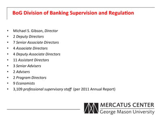 BoG	
  Division	
  of	
  Banking	
  Supervision	
  and	
  Regula:on	
  
       	
  
•      Michael	
  S.	
  Gibson,	
  Director	
  
•      2	
  Deputy	
  Directors	
  
•      7	
  Senior	
  Associate	
  Directors	
  
•      4	
  Associate	
  Directors	
  
•      4	
  Deputy	
  Associate	
  Directors	
  
•      11	
  Assistant	
  Directors	
  
•      3	
  Senior	
  Advisers	
  
•      2	
  Advisers	
  
•      2	
  Program	
  Directors	
  
•      9	
  Economists	
  
•      3,109	
  professional	
  supervisory	
  staﬀ	
  	
  (per	
  2011	
  Annual	
  Report)	
  
	
  
 