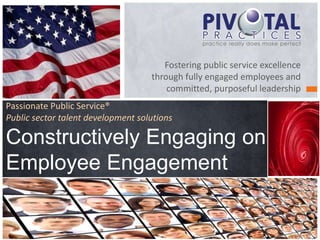 Fostering public service excellence 
through fully engaged employees and 
committed, purposeful leadership 
Passionate Public Service® 
Public sector talent development solutions 
Constructively Engaging on 
Employee Engagement 
 