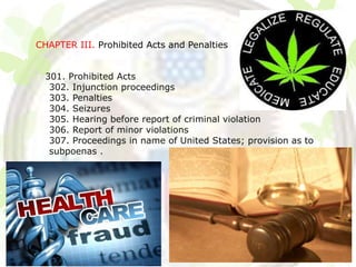 CHAPTER III. Prohibited Acts and Penalties


  301. Prohibited Acts
   302. Injunction proceedings
   303. Penalties
   304. Seizures
   305. Hearing before report of criminal violation
   306. Report of minor violations
   307. Proceedings in name of United States; provision as to
   subpoenas .
 