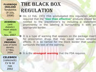 FLUOROQU
 INOLONE
                THE BLACK BOX
Tendonitis
 (8 july,
                REGULATION
  2008)         On 12 Feb. 1972 FDA promulgated this regulation which
                 required that the “less than effective” products should be
 AVANDIA         notified to the practitioner’s by including a statement
    (anti        prominently in the labeling & surrounding it with an
  diabetic)      appropriate border.
Heart attack
     14
Nov, 2007
                It is a type of warning that appears on the package insert
   DEPO          for prescription drugs that may cause serious adverse
 PROVERA         effects. It is so named for the black border that usually
Loss of bone     surrounds the text of the warning.
  density
  17 Nov,
   2004         It is the strongest warning that the FDA requires.
CELEBREX
(celecoxib)
  CV & GI
    risk
   2002
 