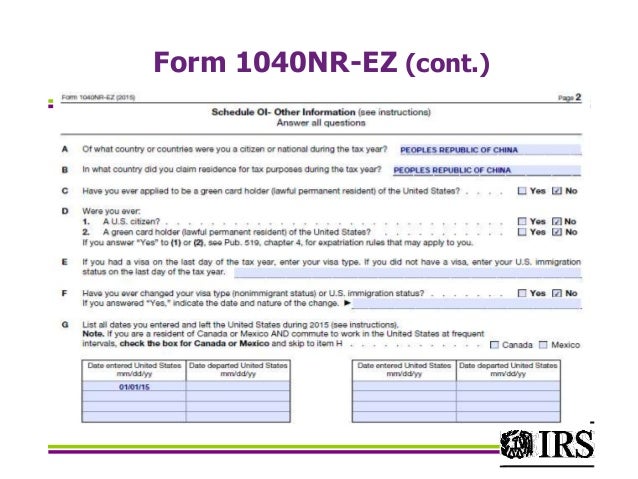 irs federal income tax for residential aliens 2016 form 1040nr ez 2015