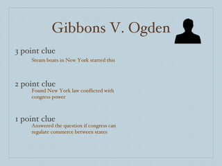 Gibbons V. Ogden 3 point clue 2 point clue 1 point clue Steam boats in New York started this Found New York law conflicted with congress power Answered the question if congress can regulate commerce between states 