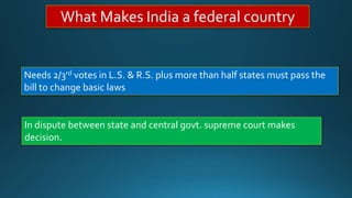 What Makes India a federal country
Needs 2/3rd votes in L.S. & R.S. plus more than half states must pass the
bill to change basic laws
In dispute between state and central govt. supreme court makes
decision.
 