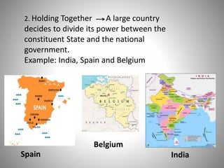 2. Holding Together A large country
decides to divide its power between the
constituent State and the national
government.
Example: India, Spain and Belgium
Spain
Belgium
India
 