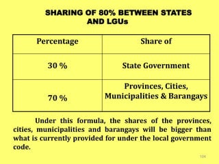 104
Under this formula, the shares of the provinces,
cities, municipalities and barangays will be bigger than
what is currently provided for under the local government
code.
Percentage Share of
30 % State Government
70 %
Provinces, Cities,
Municipalities & Barangays
SHARING OF 80% BETWEEN STATES
AND LGUs
 