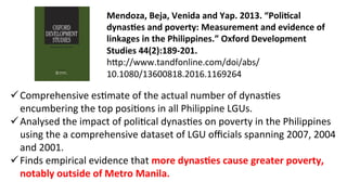 Mendoza, Beja, Venida and Yap. 2013. “Poli1cal
dynas1es and poverty: Measurement and evidence of
linkages in the Philippines.” Oxford Development
Studies 44(2):189-201.
hbp://www.tandfonline.com/doi/abs/
10.1080/13600818.2016.1169264
üComprehensive es0mate of the actual number of dynas0es
encumbering the top posi0ons in all Philippine LGUs.
üAnalysed the impact of poli0cal dynas0es on poverty in the Philippines
using the a comprehensive dataset of LGU oﬃcials spanning 2007, 2004
and 2001.
üFinds empirical evidence that more dynas1es cause greater poverty,
notably outside of Metro Manila.
 