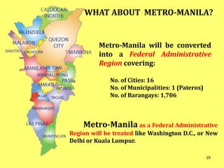 Metro-Manila as a Federal Administrative
Region will be treated like Washington D.C., or New
Delhi or Kuala Lumpur.
29
WHAT ABOUT METRO-MANILA?
Metro-Manila will be converted
into a Federal Administrative
Region covering:
No. of Cities: 16
No. of Municipalities: 1 (Pateros)
No. of Barangays: 1,706
 