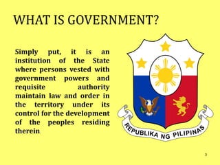 WHAT IS GOVERNMENT?
Simply put, it is an
institution of the State
where persons vested with
government powers and
requisite authority
maintain law and order in
the territory under its
control for the development
of the peoples residing
therein.
3
 