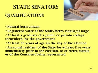 STATE SENATORS
QUALIFICATIONS
Natural born citizen
Registered voter of the State/Metro Manila/at large
At least a graduate of a public or private college
recognized by the government
At least 35 years of age on the day of the election
An actual resident of the State for at least five years
immediately prior to the election, or of Metro Manila
or of the Continent being represented
80
 