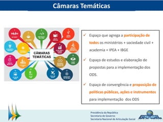 Presidência da República
Secretaria de Governo
Secretaria Nacional de Articulação Social
CÂMARAS
TEMÁTICAS
 Espaço que agrega a participação de
todos os ministérios + sociedade civil +
academia + IPEA + IBGE
 Espaço de estudos e elaboração de
propostas para a implementação dos
ODS.
 Espaço de convergência e proposição de
políticas públicas, ações e instrumentos
para implementação dos ODS
Câmaras Temáticas
 
