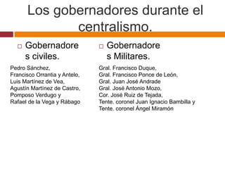 Los gobernadores durante el 
centralismo. 
 Gobernadore 
s civiles. 
 Gobernadore 
s Militares. 
Pedro Sánchez, 
Francisco Orrantia y Antelo, 
Luis Martínez de Vea, 
Agustín Martínez de Castro, 
Pomposo Verdugo y 
Rafael de la Vega y Rábago 
Gral. Francisco Duque, 
Gral. Francisco Ponce de León, 
Gral. Juan José Andrade 
Gral. José Antonio Mozo, 
Cor. José Ruiz de Tejada, 
Tente. coronel Juan Ignacio Bambilla y 
Tente. coronel Ángel Miramón 
