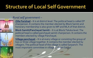  Rural self government –
▪ Zilla Parishad – It is at district level.The political head is called ZP
chairperson. It contains the member elected by Block Samiti and
honorary membership is also given to MP and MLA of that district.
▪ Block Samiti/Panchayat Samiti – It is at Block/Taluka level.The
political head is called panchayat samiti chairperson. It contains the
members elected by village Panchayat.
▪ Village panchayat – It is at every village or consisting the group of
two or three village together. It contains the member elected by
villagers.The political head of the village is called Sarpanch.The
most important committee in village is ‘Gram Sabha’.
 
