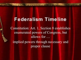Federalism Timeline Constitution: Art. 1, Section 8 establishes enumerated powers of Congress, but allows for … implied powers through necessary and proper clause 