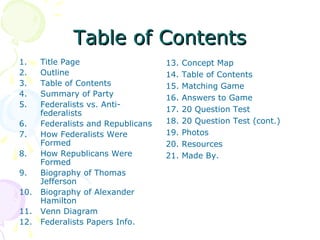 Table of ContentsTable of Contents
1. Title Page
2. Outline
3. Table of Contents
4. Summary of Party
5. Federalists vs. An...