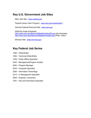 Key U.S. Government Job Sites
Main Jobs Site: www.usajobs.gov
Federal Career Intern Program: www.opm.gov/careerintern/
General Federal Personnel Site: www.opm.gov
2009 Pay Scale Schedules:
http://www.opm.gov/flsa/oca/09tables/indexGS.asp (all schedules)
http://www.opm.gov/flsa/oca/09tables/html/phl.asp (Phila. metro)
Stimulus Site: www.recovery.gov
Key Federal Job Series
1082 – Writer/Editor
1083 – Technical Writer/Editor
1035 – Public Affairs Specialist
0343 – Management/Program Analyst
0340 – Program Manager
0334 – Computer Specialist
2200 – Information Technology
2210 – IT Management Specialist
0854 – Engineer, Computers
1001 – Arts and Information Specialist
 