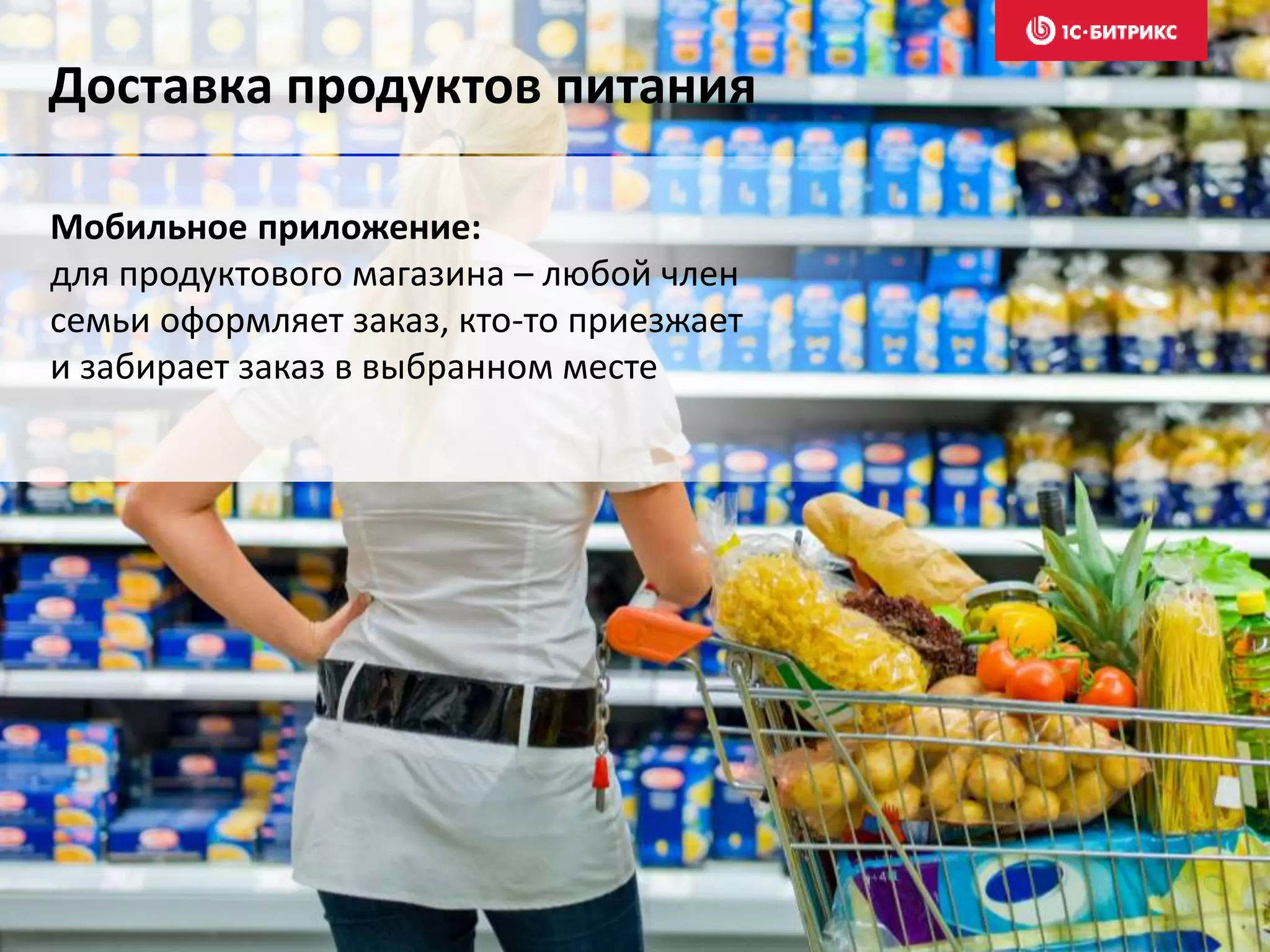 Доставка продуктов питания
Мобильное приложение:
для продуктового магазина – любой член
семьи оформляет заказ, кто-то приезжает
и забирает заказ в выбранном месте
 
