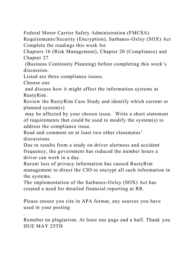 Federal Motor Carrier Safety Administration (FMCSA) RequirementsSec.docx