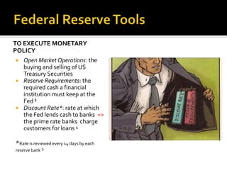 TO EXECUTE MONETARY
POLICY
 Open Market Operations: the
buying and selling of US
Treasury Securities
 Reserve Requiremen...