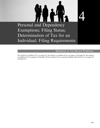 Personal and Dependency
Exemptions; Filing Status;
Determination of Tax for an
Individual; Filing Requirements
Solutions to Tax Return Problems
The solution to problem 4-53 is on page 4-2; the solution to problem 4-54 is on pages 4-3 through 4-6; the solution
to problem 4-55 is on pages 4-7 through 4-10; the solution for tax research problems 4-60 and 4-61 are on page 4-9
through 4-10.
4
4-1
 