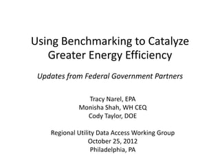 Using Benchmarking to Catalyze
   Greater Energy Efficiency
 Updates from Federal Government Partners

               Tracy Narel, EPA
             Monisha Shah, WH CEQ
               Cody Taylor, DOE

    Regional Utility Data Access Working Group
                  October 25, 2012
                   Philadelphia, PA
 