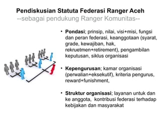 Pendiskusian Statuta Federasi Ranger Aceh

--sebagai pendukung Ranger Komunitas-• Pondasi; prinsip, nilai, visi+misi, fungsi
dan peran federasi, keanggotaan (syarat,
grade, kewajiban, hak,
rekruetmen+retirement), pengambilan
keputusan, siklus organisasi
• Kepengurusan; kamar organisasi
(perwalian+eksekutif), kriteria pengurus,
reward+funishment,
• Struktur organisasi; layanan untuk dan
ke anggota, kontribusi federasi terhadap
kebijakan dan masyarakat

 