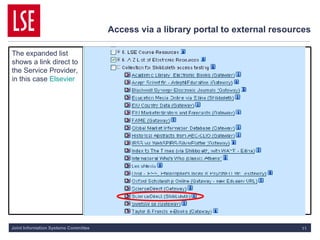Access via a library portal to external resources The expanded list shows a link direct to the Service Provider, in this case  Elsevier 