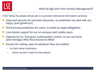 What do  We  want from Access Management? (“We” being the people whose job is to provide institutional information services) Improved security for licensed resources, so publishers we deal with are happy (and generous!) Good privacy-protection for users, to meet our legal obligations Low-hassle support for our on-campus and mobile users Opportunity for ‘fine-grain’ authorization control, so we can know  (and manage)  Who-Has-Access-to-What Access for visiting users to whatever they are entitled by their home institutions …which we don’t need to know about! 